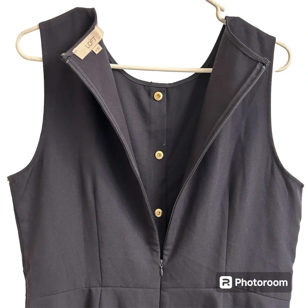 Loft Womens 14 Navy Blue Gold Button Front Zip Back Sleeveless Ruffle Hem Dress - Picture 4 of 10